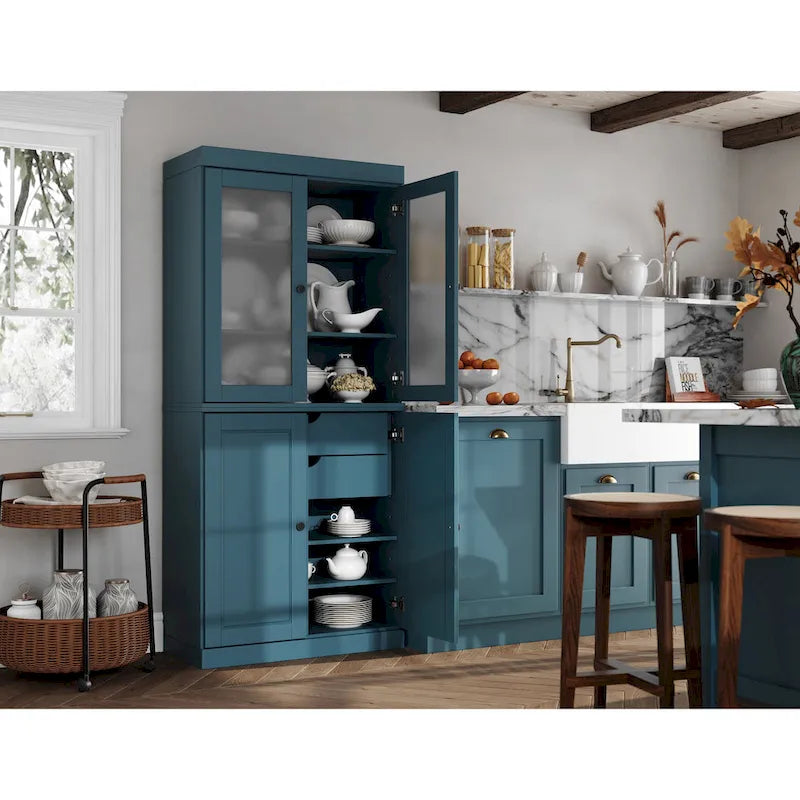Palace Imports 100% Solid Wood Pantry Cabinet with Frosted Glass Doors, Solid Doors, 2-Drawers and Adjustable Shelves