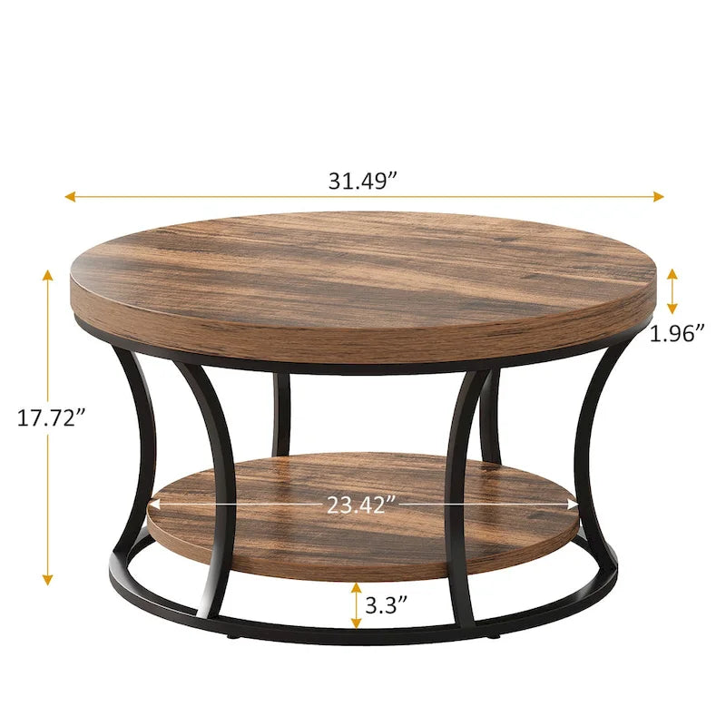 Round Coffee Table, 2-Tier Center Table with Storage Open Shelves