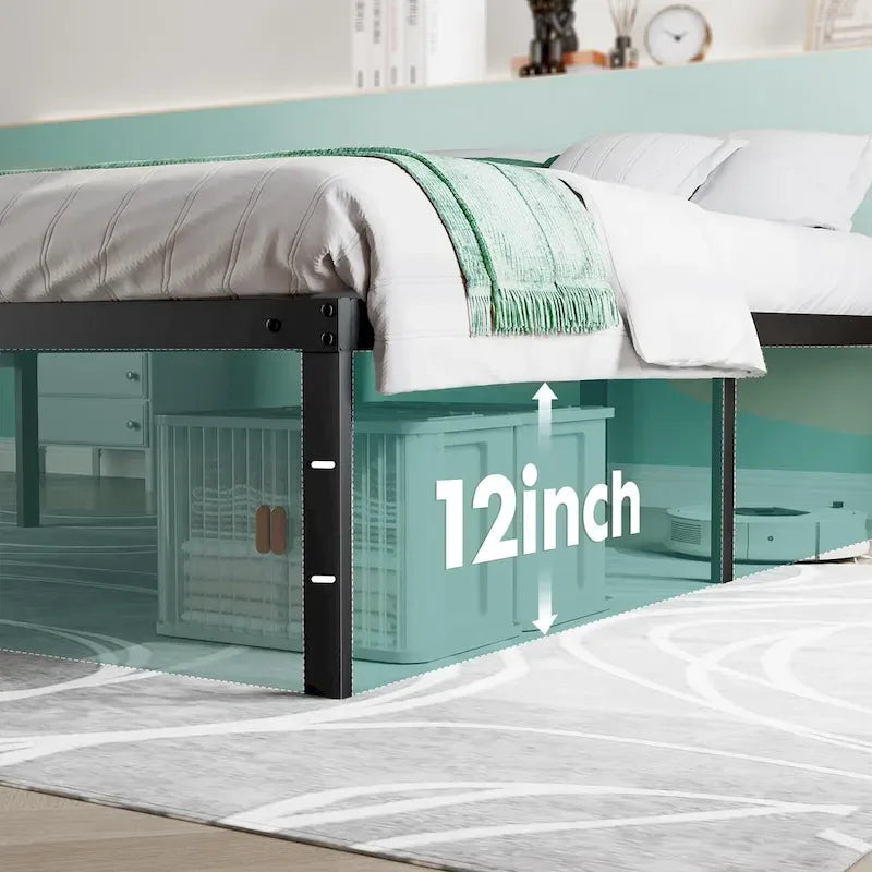 Black Metal Frame Platform Bed Mattress Foundation with Steel Slat Support, No Box Spring Needed
