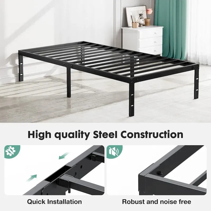 Black Metal Frame Platform Bed Mattress Foundation with Steel Slat Support, No Box Spring Needed