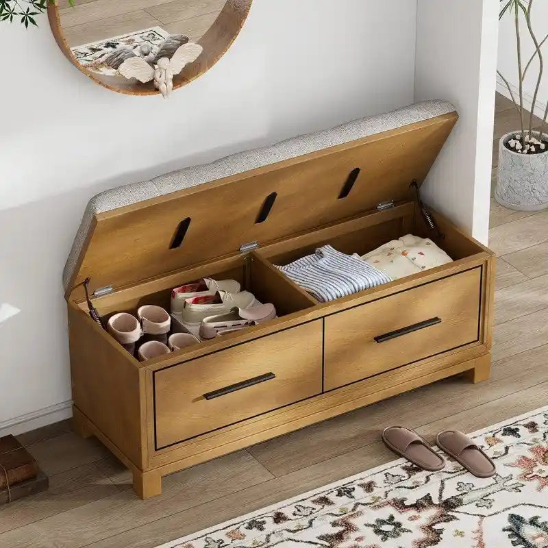 Shoe Bench with Removable Cushion and Hidden Storage for Entryway and Living Room Organization