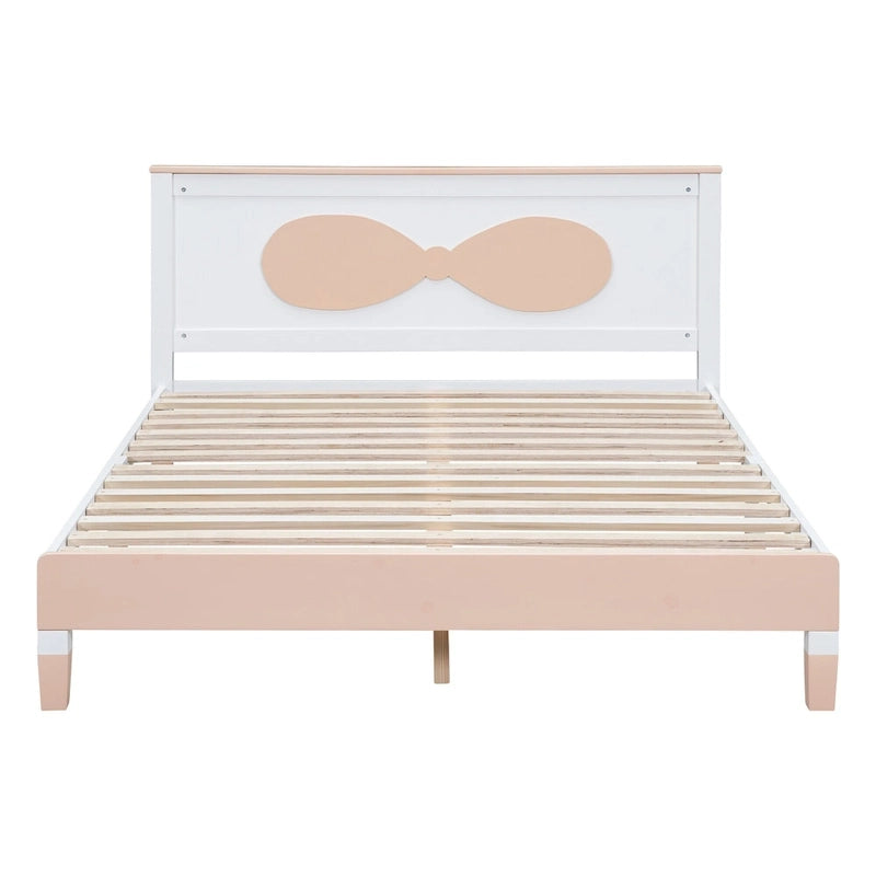 Queen Size Wood Platform Bed with Bow-shaped Pattern Headboard for Kids for Bedroom
