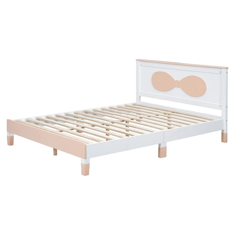Queen Size Wood Platform Bed with Bow-shaped Pattern Headboard for Kids for Bedroom