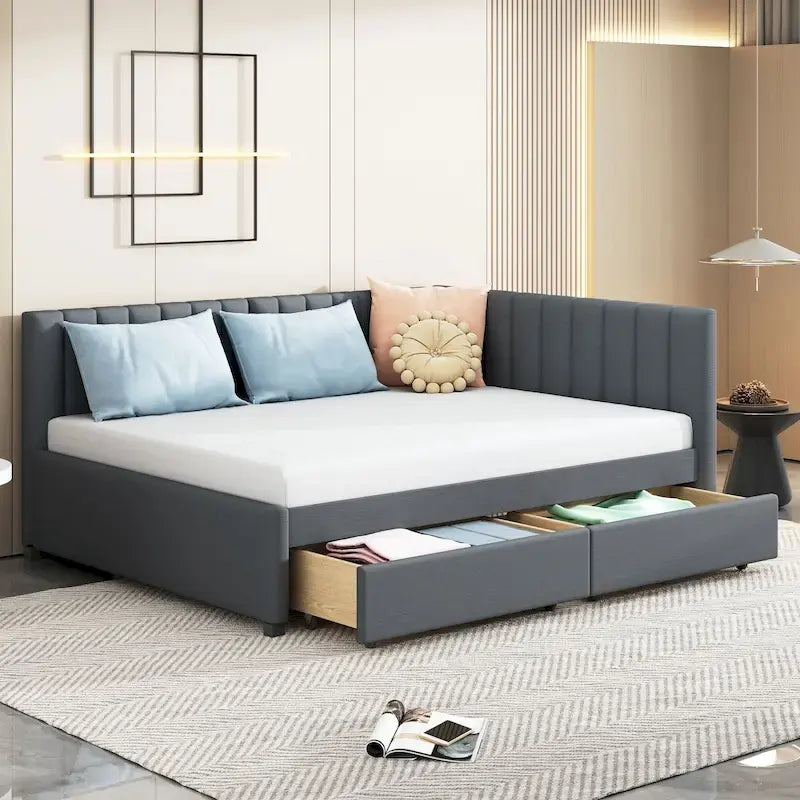 Gray Modern Full Size Upholstered Daybed with Two Storage Drawers for Bedroom