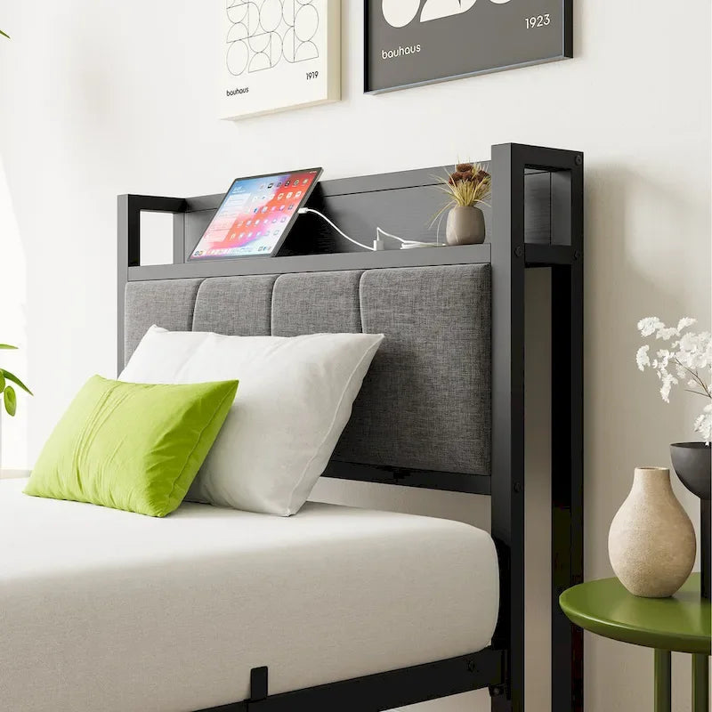 Grey Metal & Wood Twin Platform Bed Frame with Storage Headboard and Charging Station