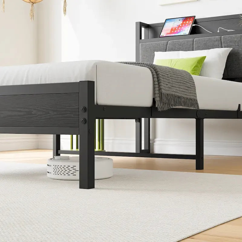 Grey Metal & Wood Twin Platform Bed Frame with Storage Headboard and Charging Station