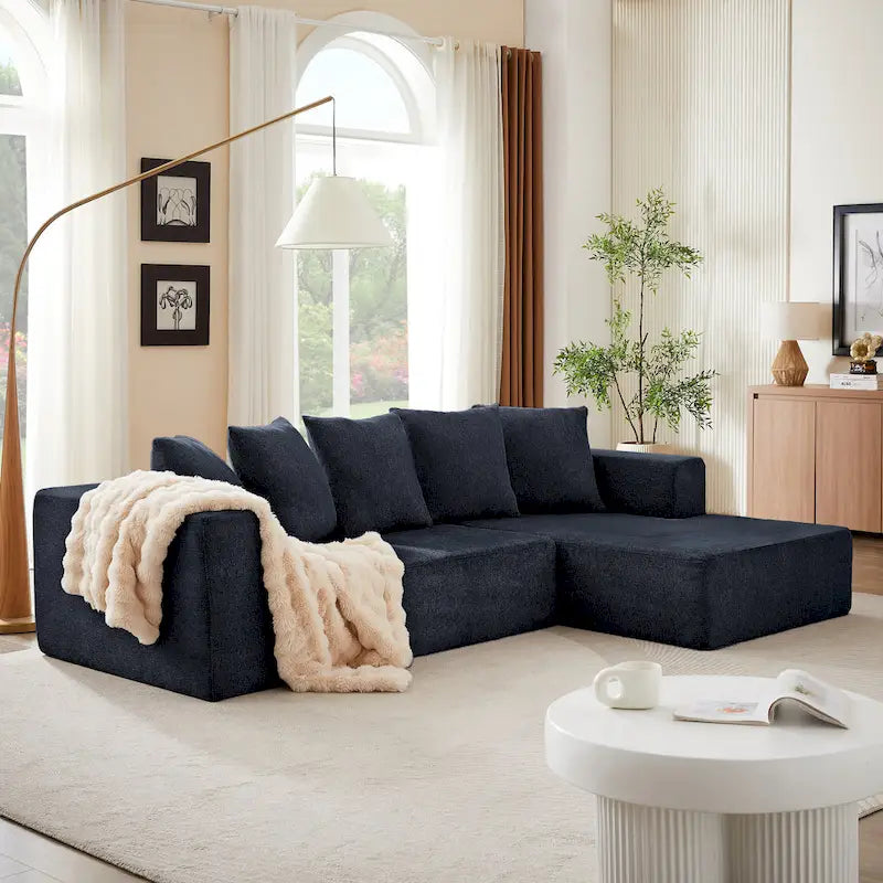 Blue 104.34 Modular L-Shaped 3 Seater Sectional Sofa Set in Luxurious Chenille Fabric Chaise - Minimalist Design