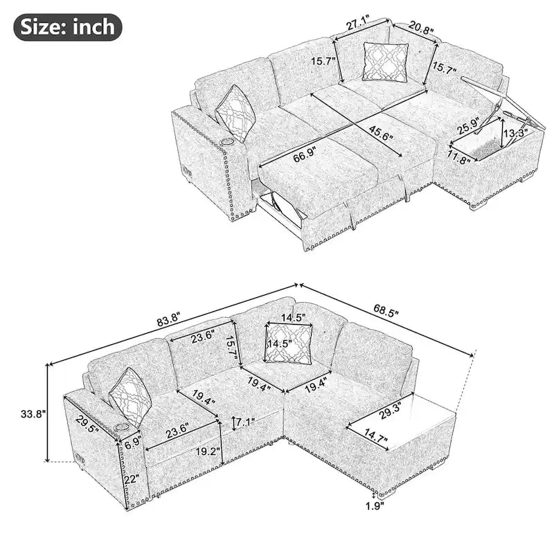 83.8 L-Shaped 4-Seat Sectional Sofa with Pull-Out Bed, Storage Chaise, USB Ports, Power Sockets, and Cup Holders