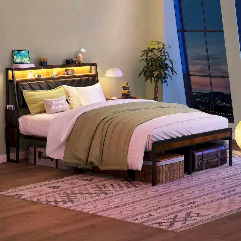 Queen Size Platform Bed with Tilted Upholstered Headboard, Charging Station, and LED Lights