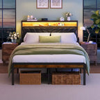 Queen Size Platform Bed with Tilted Upholstered Headboard, Charging Station, and LED Lights