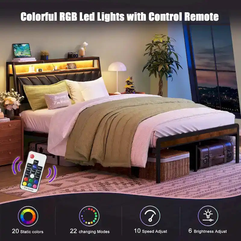 Queen Size Platform Bed with Tilted Upholstered Headboard, Charging Station, and LED Lights