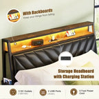 Queen Size Platform Bed with Tilted Upholstered Headboard, Charging Station, and LED Lights