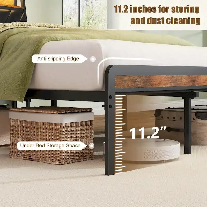 Queen Size Platform Bed with Tilted Upholstered Headboard, Charging Station, and LED Lights