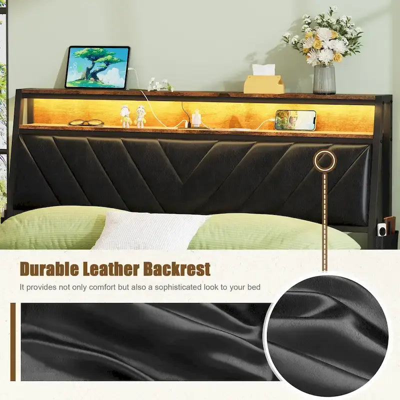 Queen Size Platform Bed with Tilted Upholstered Headboard, Charging Station, and LED Lights