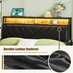 Queen Size Platform Bed with Tilted Upholstered Headboard, Charging Station, and LED Lights