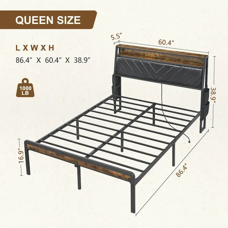 Queen Size Platform Bed with Tilted Upholstered Headboard, Charging Station, and LED Lights