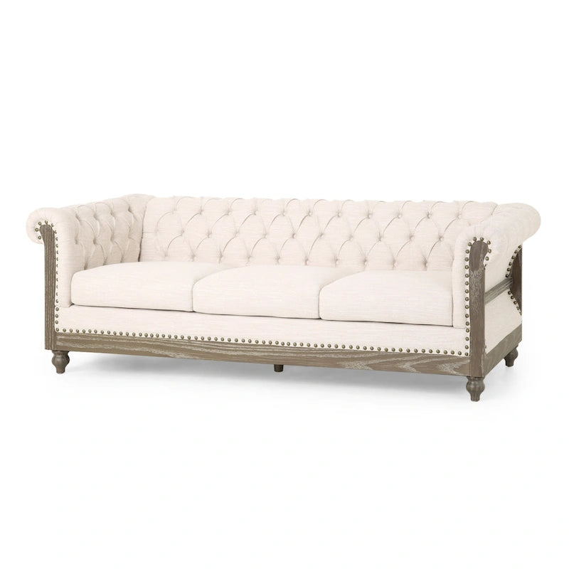 Beige Chesterfield Button Tufted 3-seater Sofa with Wood Legs