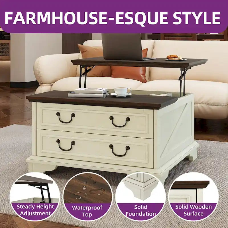 Moasis Farmhouse Lift Top Coffee Table Square Wood Center Table with Storage and 2 Drawers