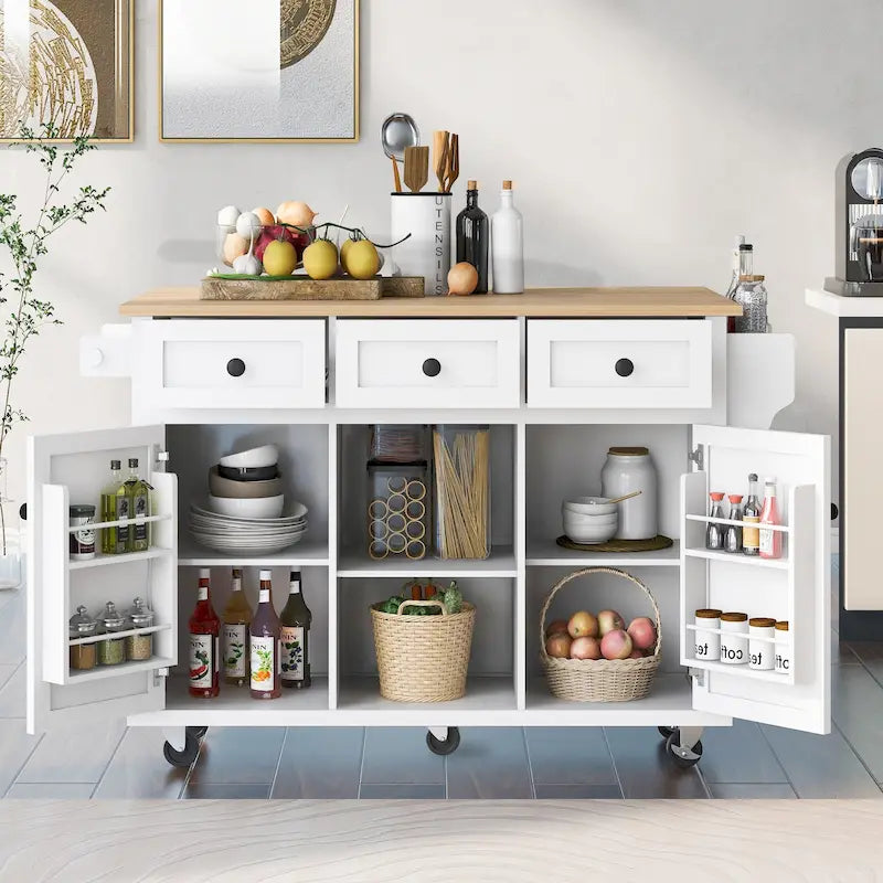 Rubber Wood Drop-Leaf Kitchen Cart with Internal Storage Racks and Rolling Casters