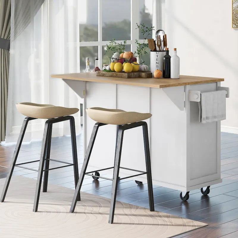 Rubber Wood Drop-Leaf Kitchen Cart with Internal Storage Racks and Rolling Casters