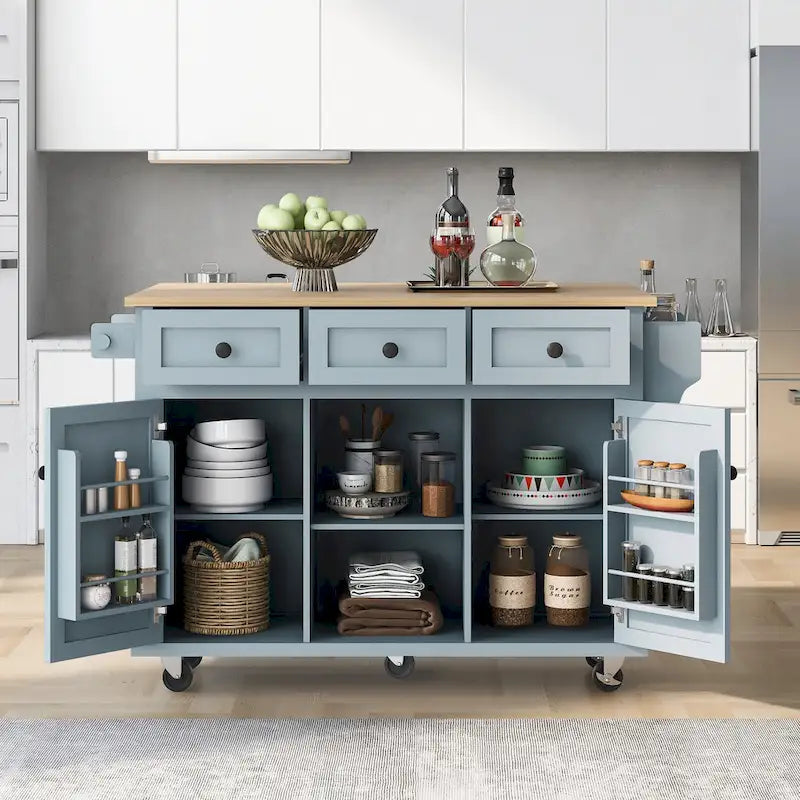 Rubber Wood Drop-Leaf Kitchen Cart with Internal Storage Racks and Rolling Casters