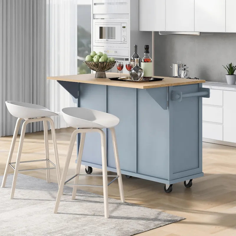 Rubber Wood Drop-Leaf Kitchen Cart with Internal Storage Racks and Rolling Casters