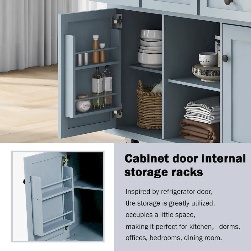 Rubber Wood Drop-Leaf Kitchen Cart with Internal Storage Racks and Rolling Casters