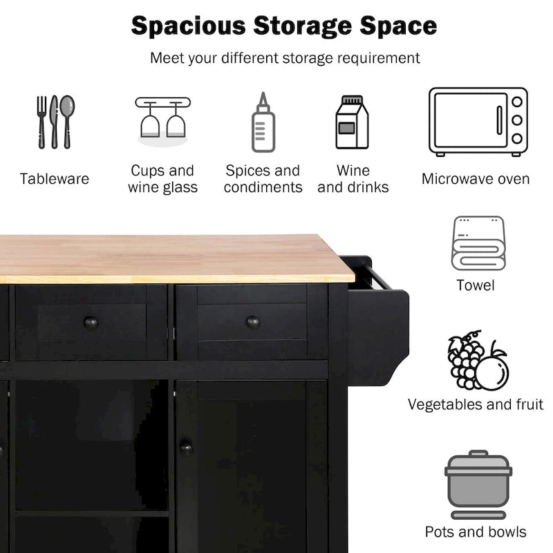 Rubber Wood Drop-Leaf Kitchen Cart with Internal Storage Racks and Rolling Casters
