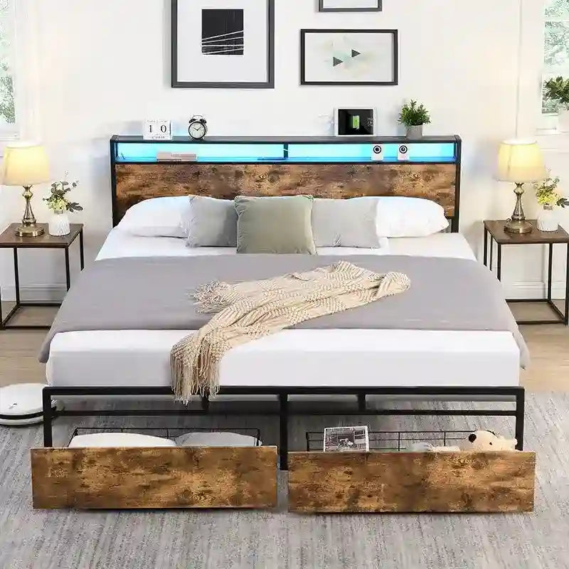 Wood and Metal Charging Platform Bed with Storage Headboard