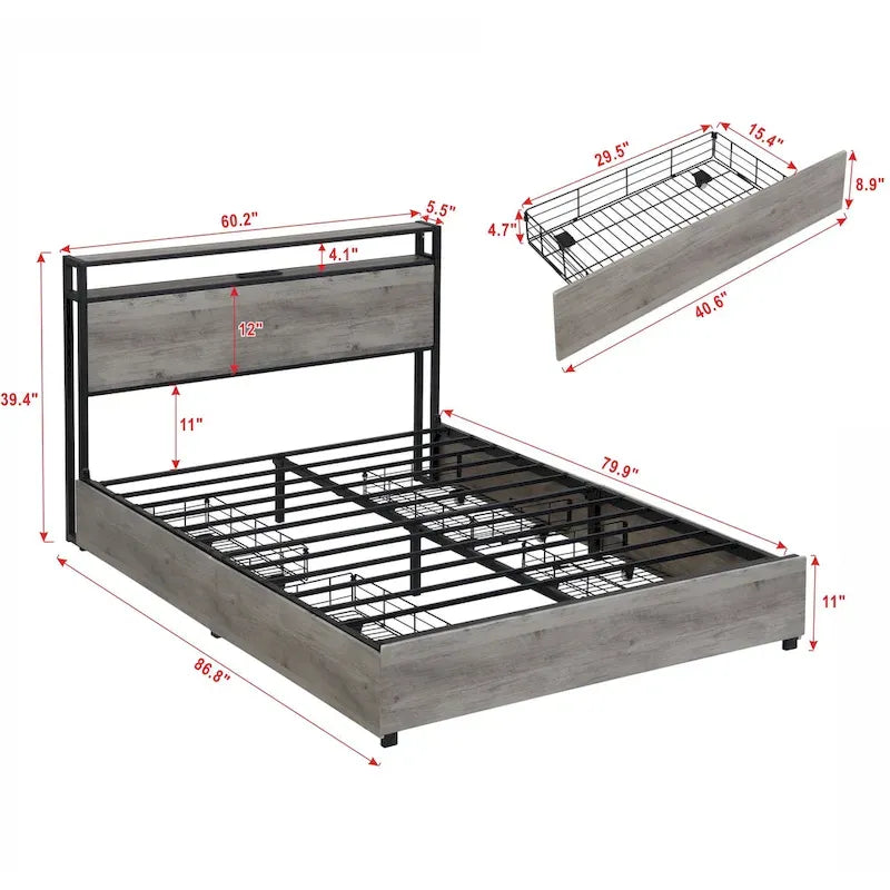 Wood and Metal Charging Platform Bed with Storage Headboard