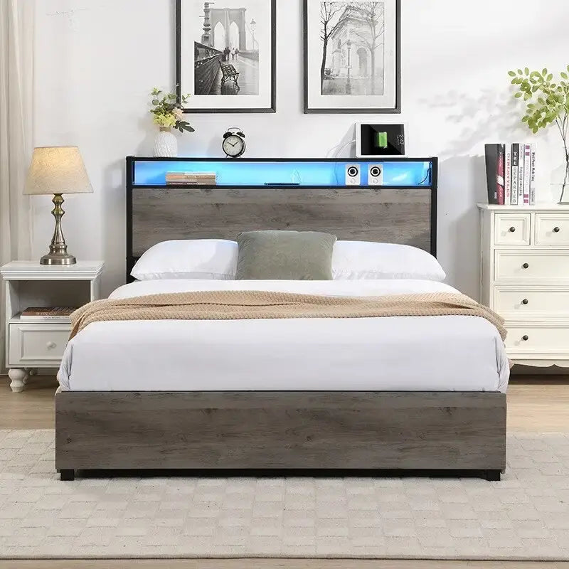 Wood and Metal Charging Platform Bed with Storage Headboard