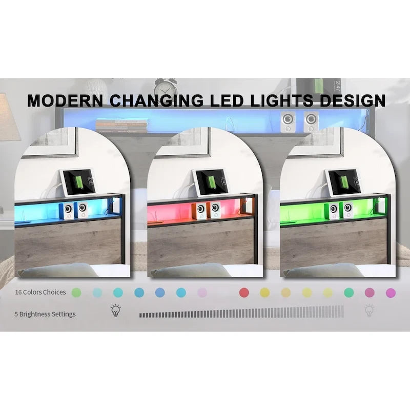 Wood and Metal Charging Platform Bed with Storage Headboard