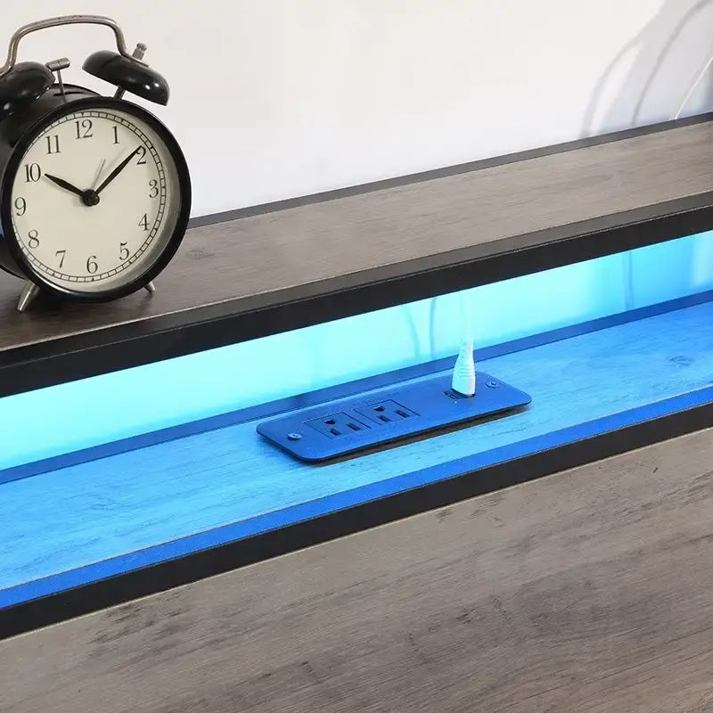 Wood and Metal Charging Platform Bed with Storage Headboard