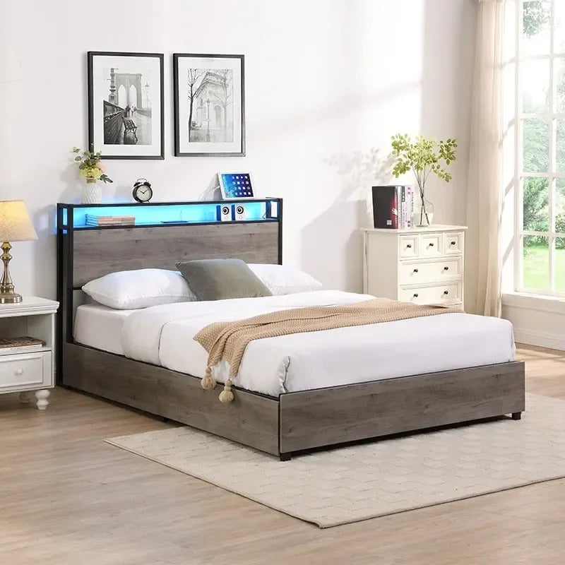 Wood and Metal Charging Platform Bed with Storage Headboard