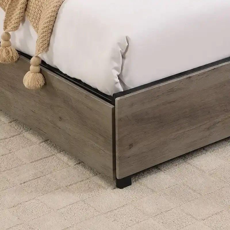 Wood and Metal Charging Platform Bed with Storage Headboard