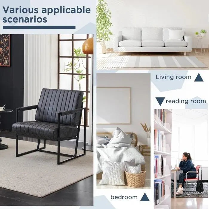 Mid Century Modern Accent Chair with Metal Frame, PU Leather Single Sofa, Reading Armchair for Living Room, Bedroom, Cafe