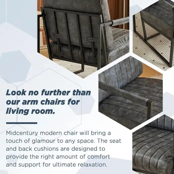 Mid Century Modern Accent Chair with Metal Frame, PU Leather Single Sofa, Reading Armchair for Living Room, Bedroom, Cafe