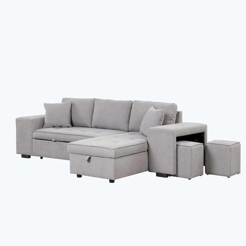 Modern L-Shape 3 Seat Reversible Sectional Couch,with Storage Chaise and 2 Stools