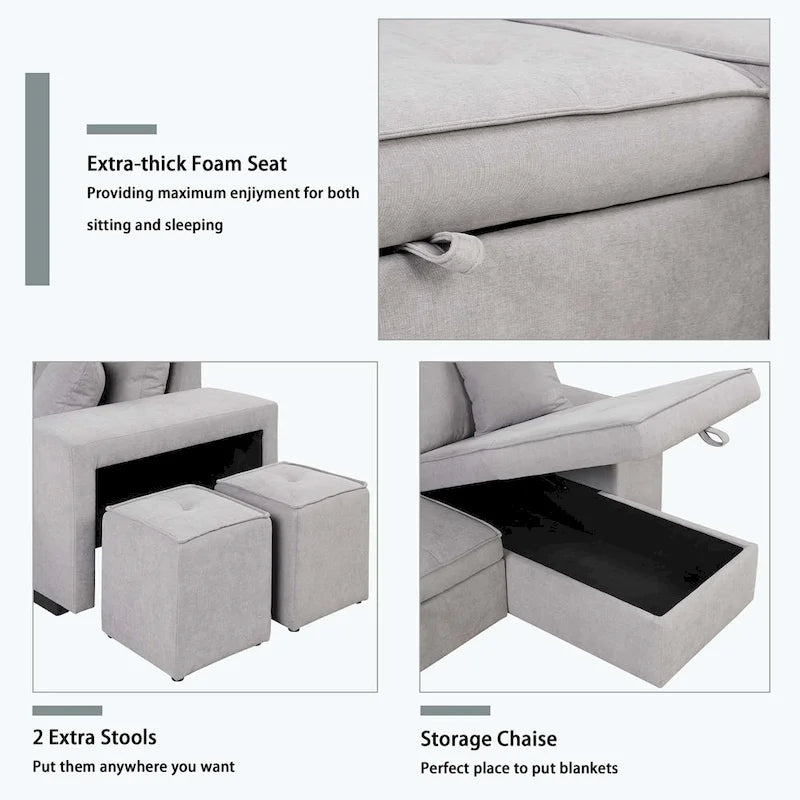 Modern L-Shape 3 Seat Reversible Sectional Couch,with Storage Chaise and 2 Stools