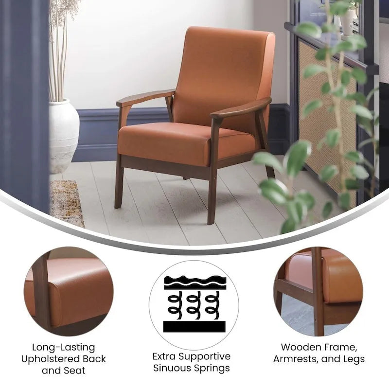 Mid-Century Modern Armchair with Wooden Frame and Faux Leather Cushions