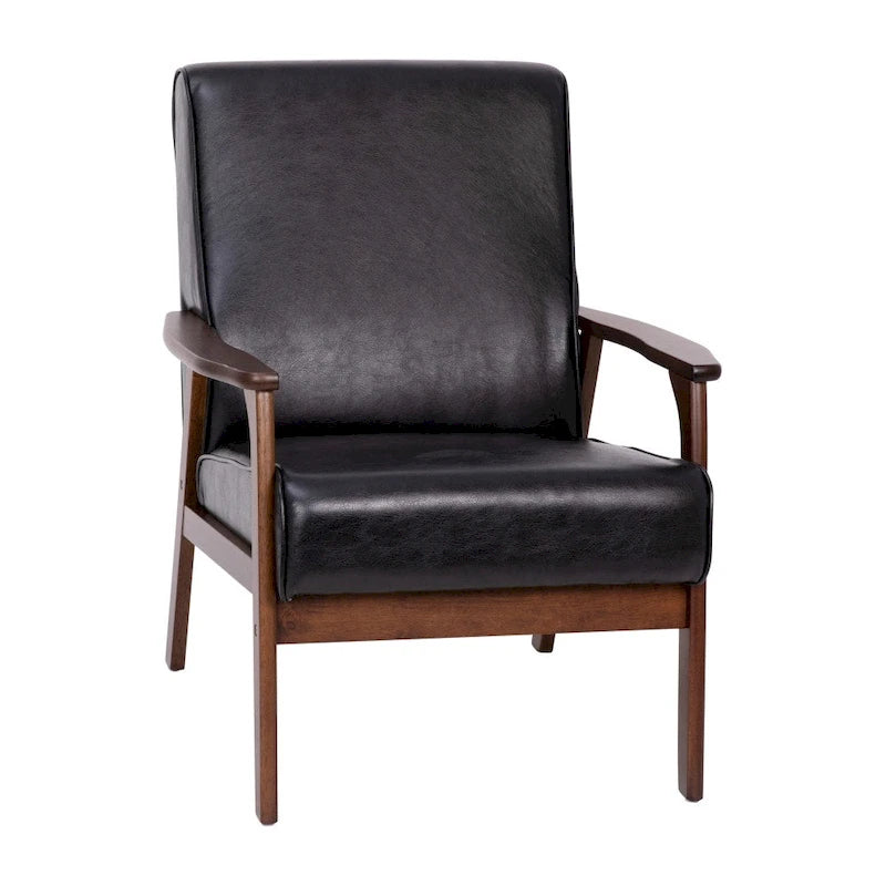 Mid-Century Modern Armchair with Wooden Frame and Faux Leather Cushions