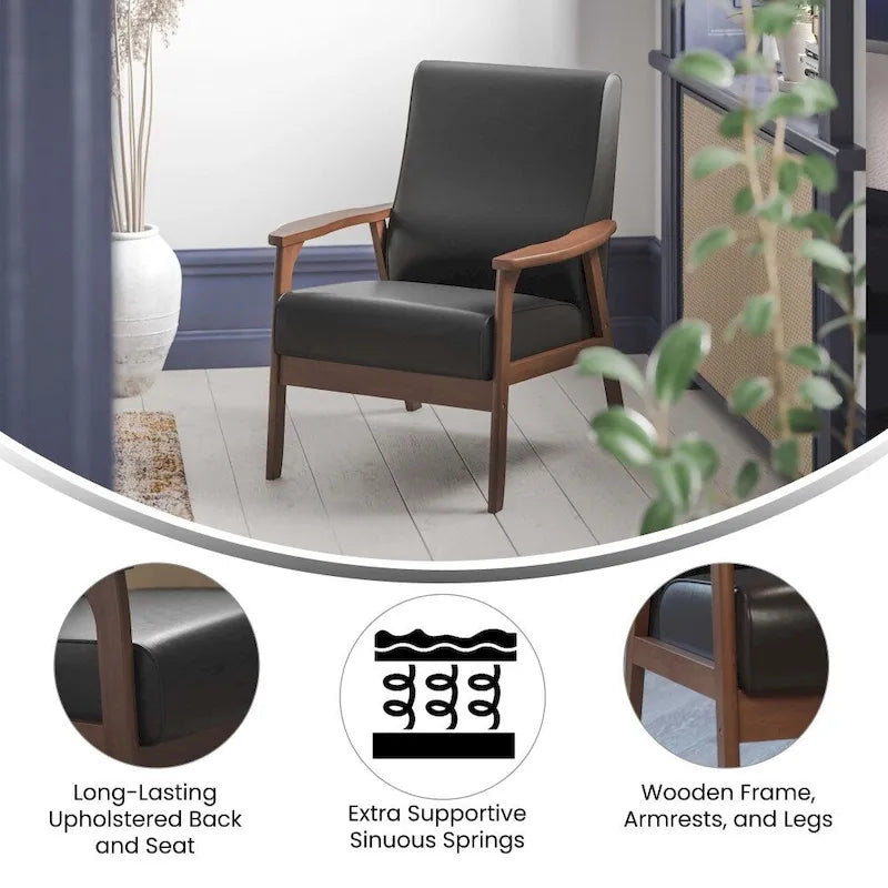 Mid-Century Modern Armchair with Wooden Frame and Faux Leather Cushions