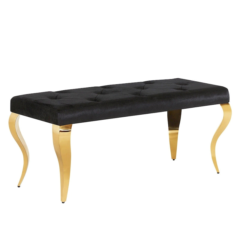 Luxury Velvet Bench Button Tufted Upholstered Dining Bench with Polished Metal Legs