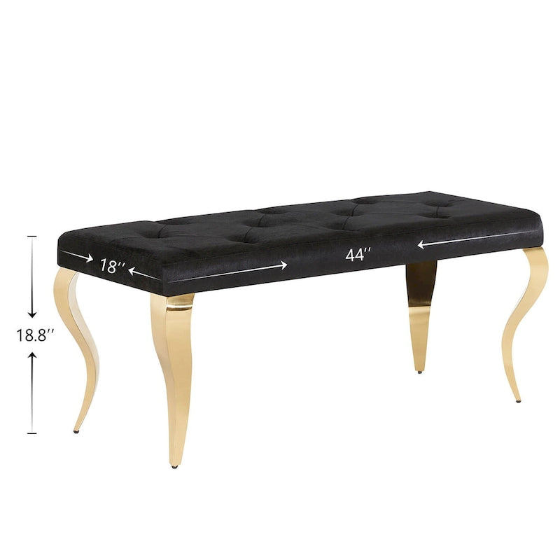 Luxury Velvet Bench Button Tufted Upholstered Dining Bench with Polished Metal Legs