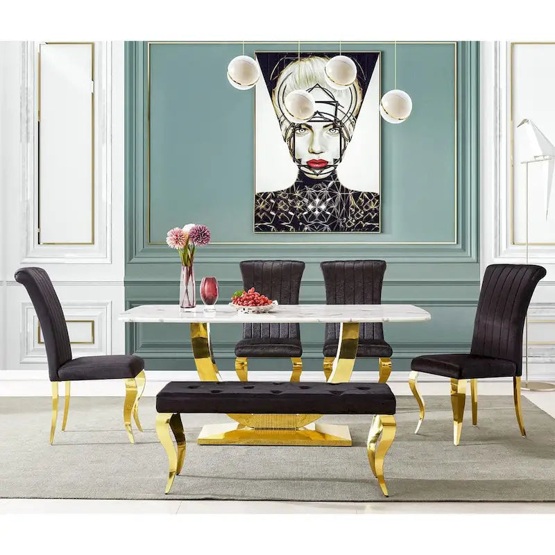 Luxury Velvet Bench Button Tufted Upholstered Dining Bench with Polished Metal Legs