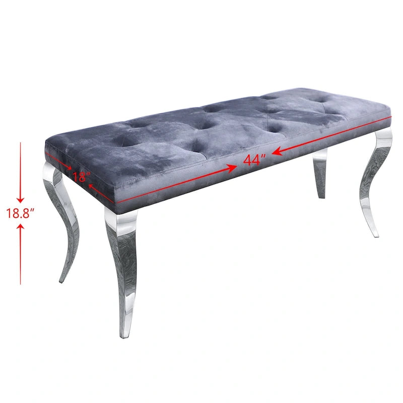 Luxury Velvet Bench Button Tufted Upholstered Dining Bench with Polished Metal Legs
