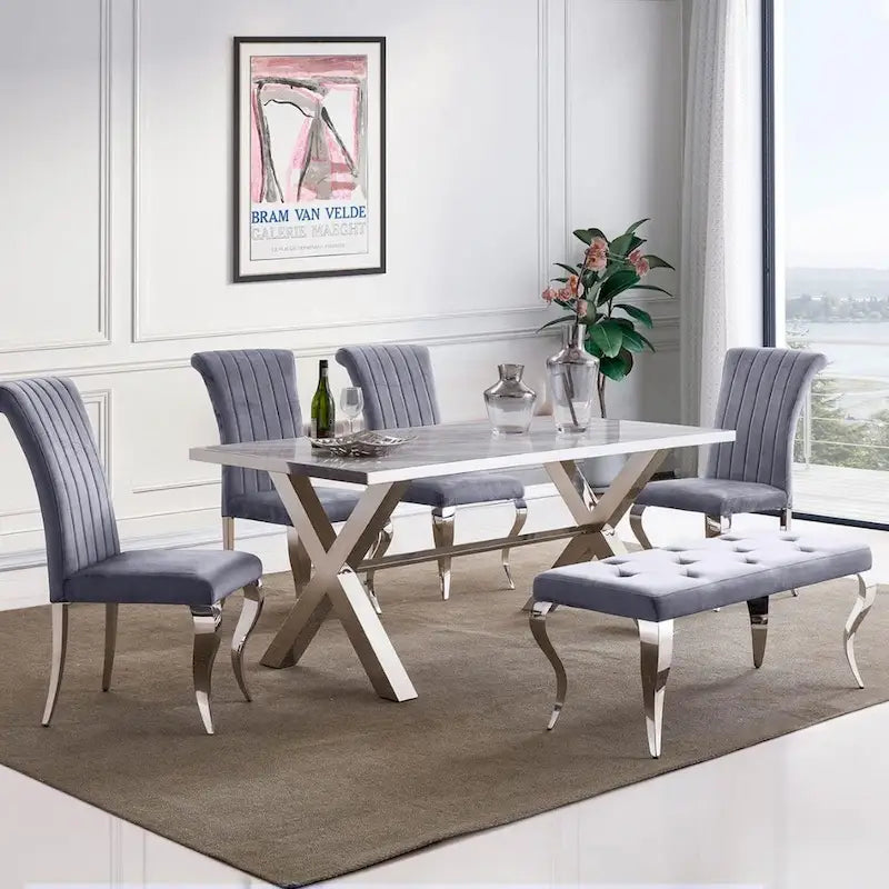 Luxury Velvet Bench Button Tufted Upholstered Dining Bench with Polished Metal Legs