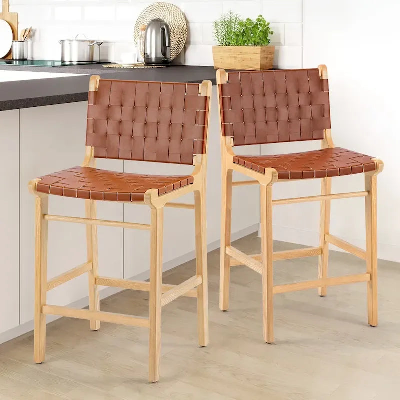 Fully Assembled Woven Leather Counter Height Bar Stools - 18.9W x 18.9D x 38.2H