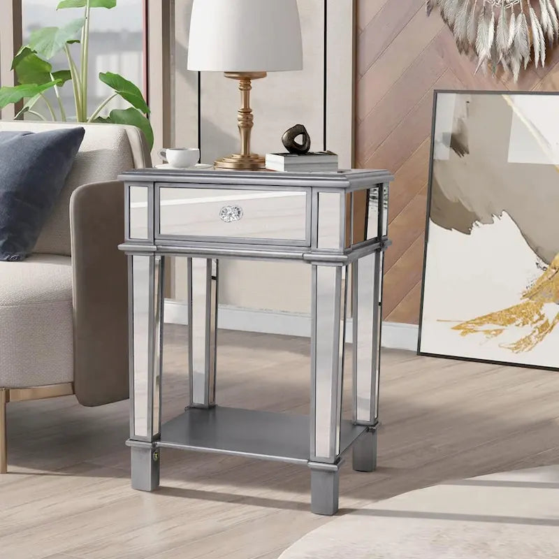 Mirrored Bedside Nightstand Glass Side V Table Silver with Drawer