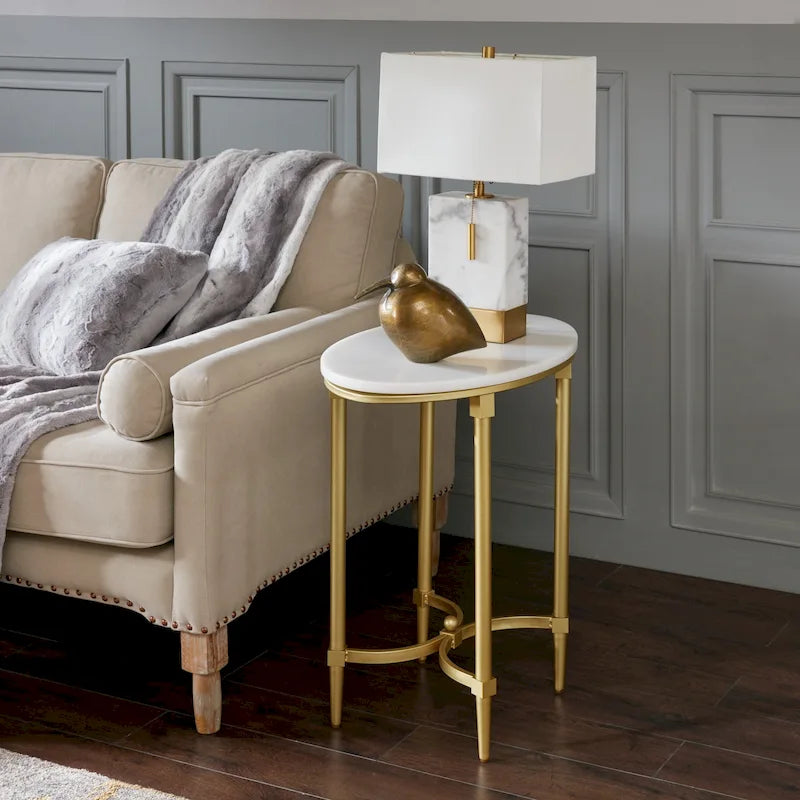 Madison Park Signature Bordeaux Gold-finished Metal Oval End Table With White Marble Tabletop